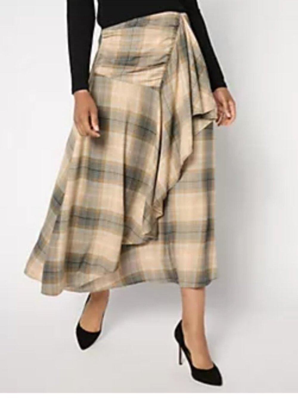 Plaid Midi Skirt with Draped Front - Beige - Picture 1 of 5